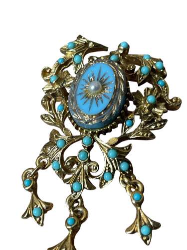 Antique Sphinx Faux Turquoise & Seed Pearl Brooch – Victorian Revival