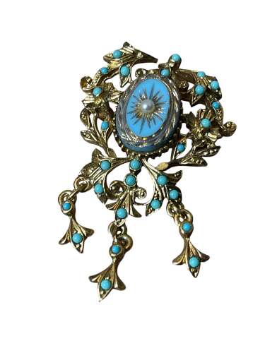 Antique Sphinx Faux Turquoise & Seed Pearl Brooch – Victorian Revival