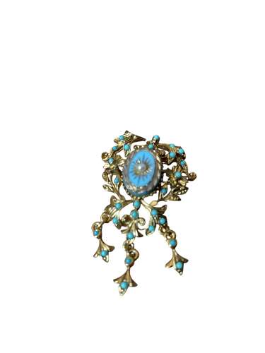 Antique Sphinx Faux Turquoise & Seed Pearl Brooch – Victorian Revival