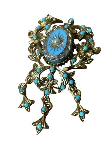 Antique Sphinx Faux Turquoise & Seed Pearl Brooch – Victorian Revival