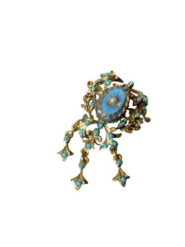 Antique Sphinx Faux Turquoise & Seed Pearl Brooch – Victorian Revival