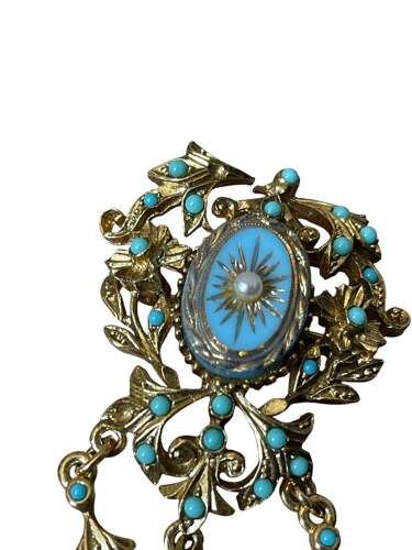 Antique Sphinx Faux Turquoise & Seed Pearl Brooch – Victorian Revival