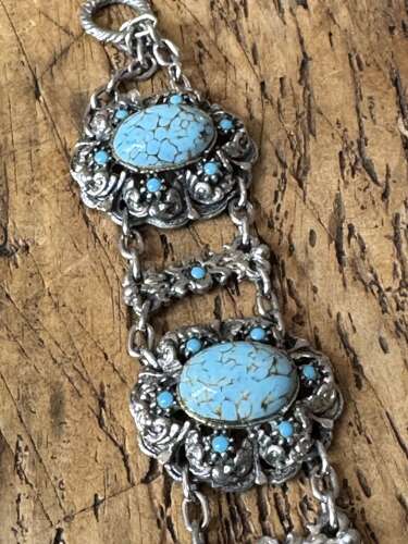 Boho Silver Tone Turquoise Effect Statement Bracelet