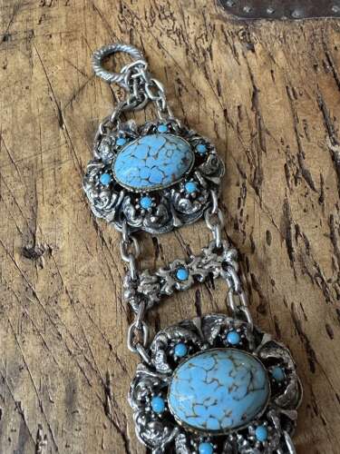 Boho Silver Tone Turquoise Effect Statement Bracelet