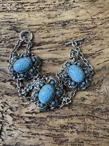 Boho Silver Tone Turquoise Effect Statement Bracelet