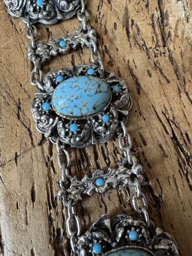 Boho Silver Tone Turquoise Effect Statement Bracelet