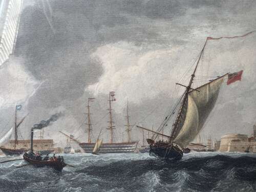 Antique Entrance to Portsmouth Harbour Coloured Engraving Framed