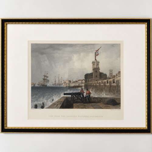 Antique Hand Coloured Engraving Portsmouth Harbour E.W. Cooke c1840