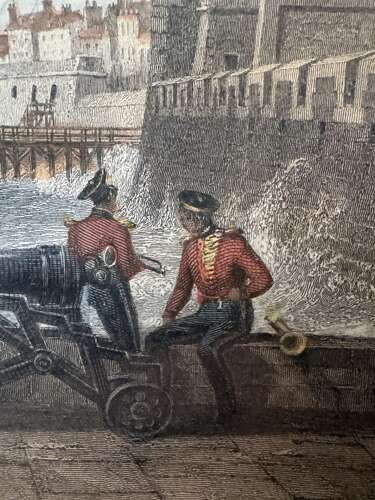 Antique Hand Coloured Engraving Portsmouth Harbour E.W. Cooke c1840