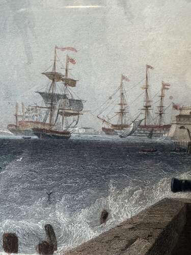 Antique Hand Coloured Engraving Portsmouth Harbour E.W. Cooke c1840