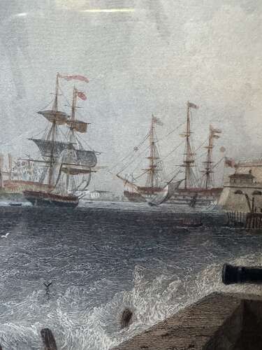 Antique Hand Coloured Engraving Portsmouth Harbour E.W. Cooke c1840