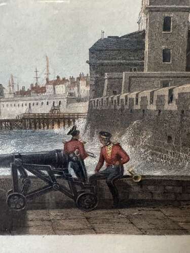 Antique Hand Coloured Engraving Portsmouth Harbour E.W. Cooke c1840