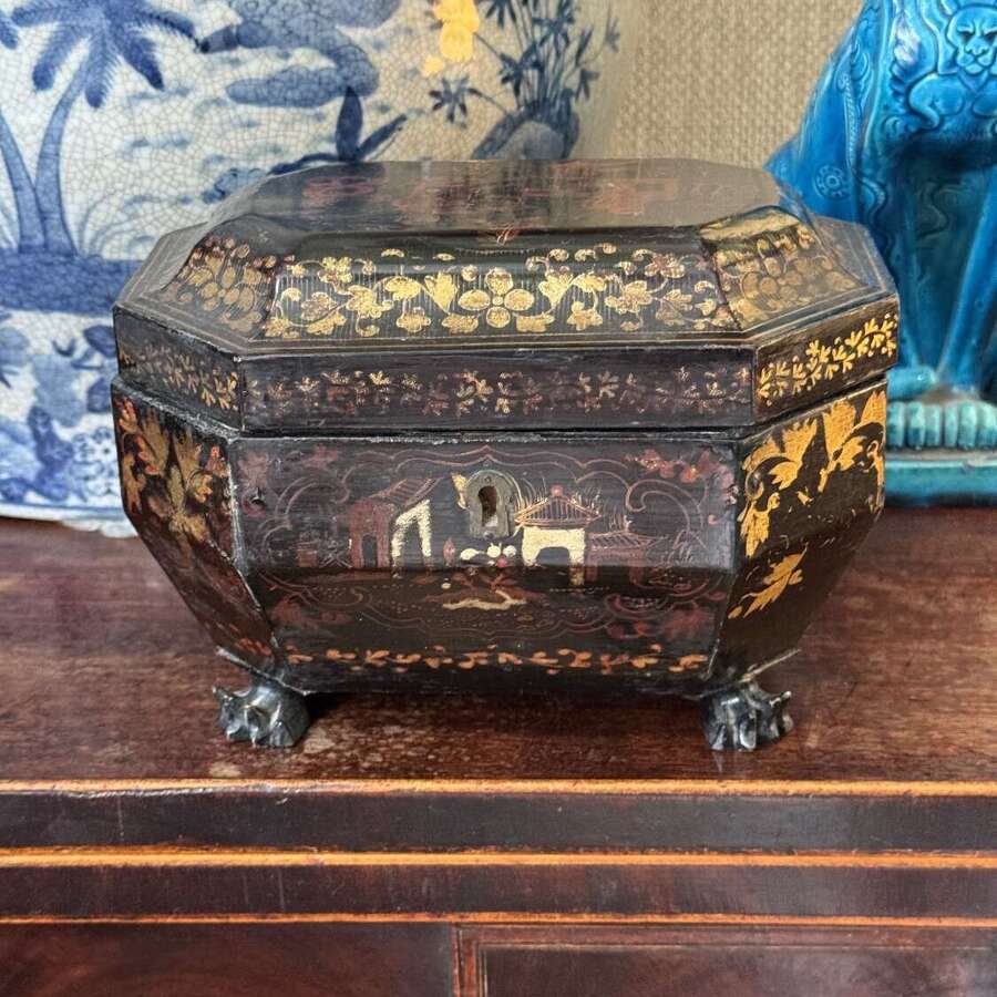 Antique Victorian Papier M&acirc;ch&eacute; Tea Caddy Chinoiserie Gilt Decorated