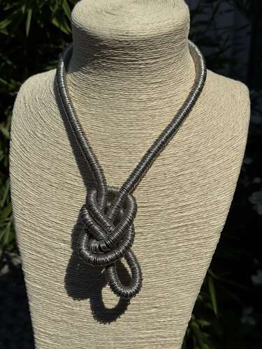 Vintage Industrial Modernist Necklace 90cm – Sculptural Silver Tone