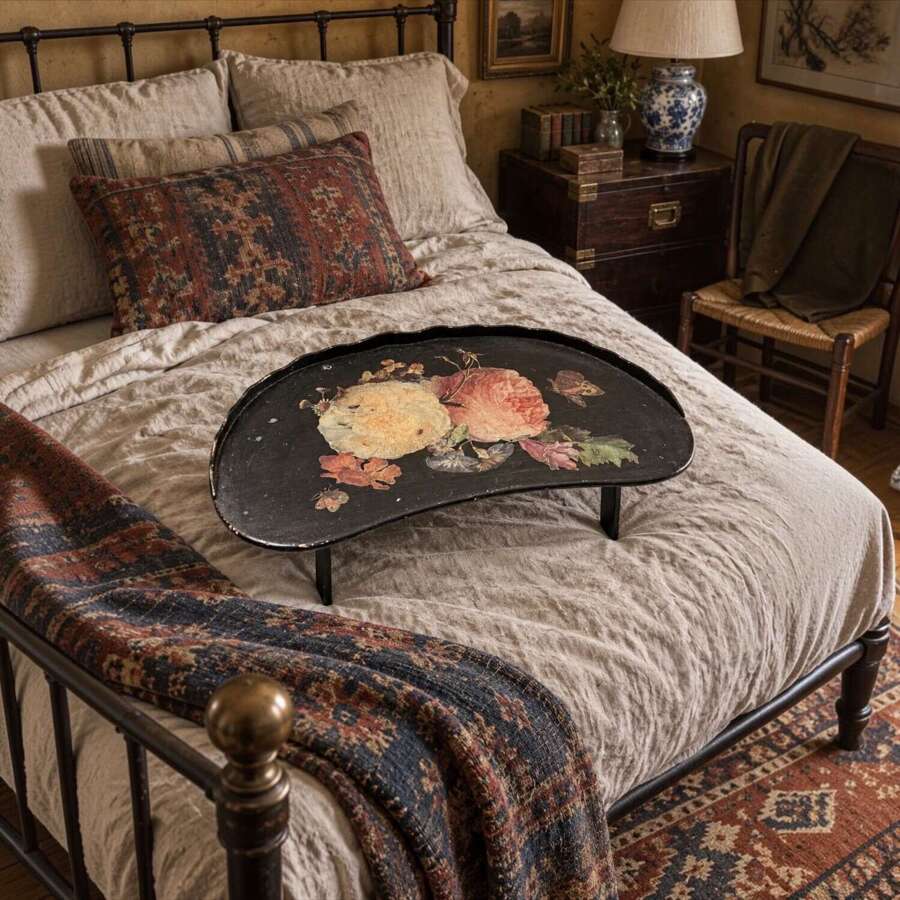 Vintage Floral Folding Bed Tray &ndash; Black hand Painted Wooden Lap Table