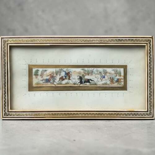 Vintage Persian Miniature Painting Horsemen Polo Scene Khatam Inlaid