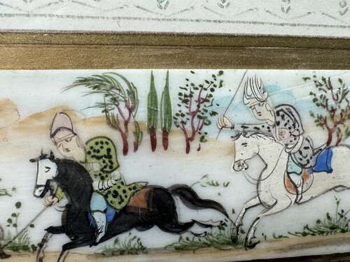 Vintage Persian Miniature Painting Horsemen Polo Scene Khatam Inlaid
