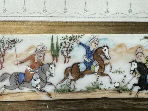 Vintage Persian Miniature Painting Horsemen Polo Scene Khatam Inlaid