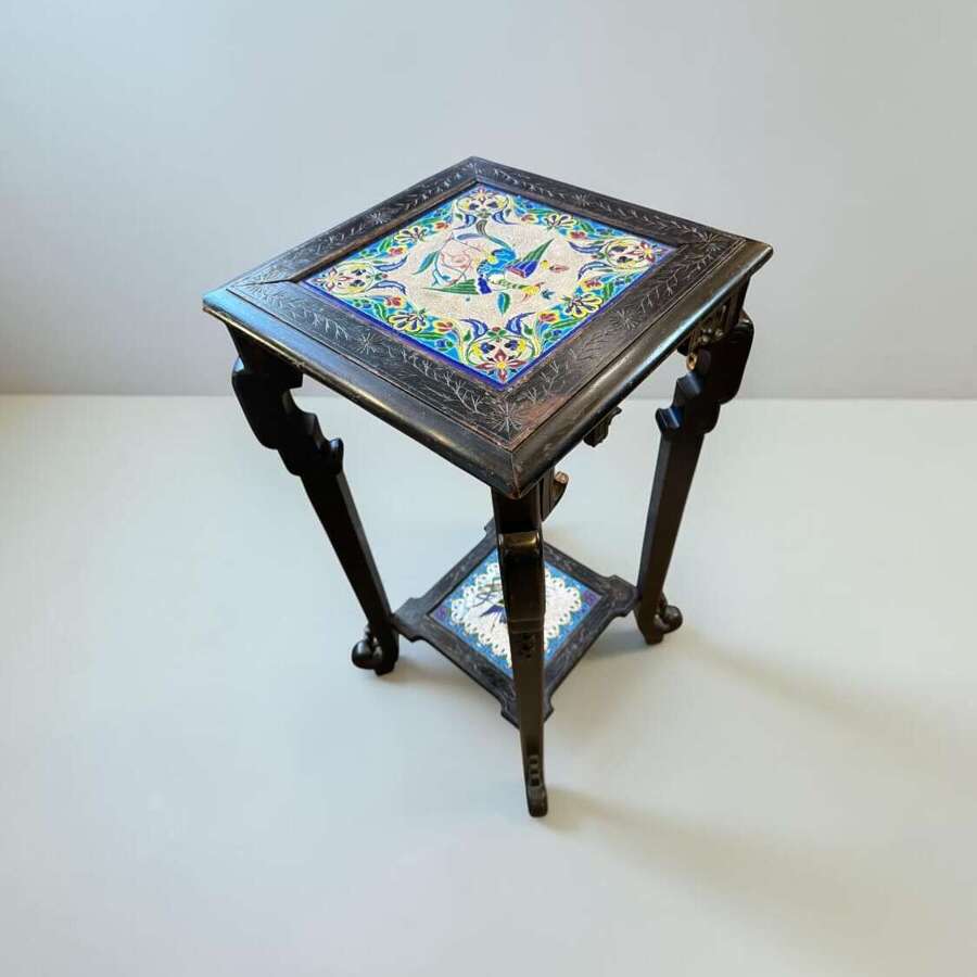 Antique French Longwy Tile Japonisme Ebonised Plant Stand Table c.1900