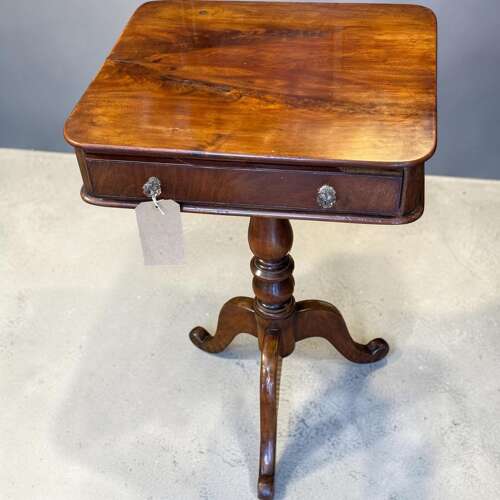 Antique Victorian Mahogany Pedestal Side Table with Drawer Tripod Base