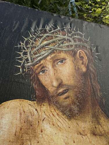 Ecce Homo Jesus Christ Religious Icon on Wood Panel – Crown of Thorns