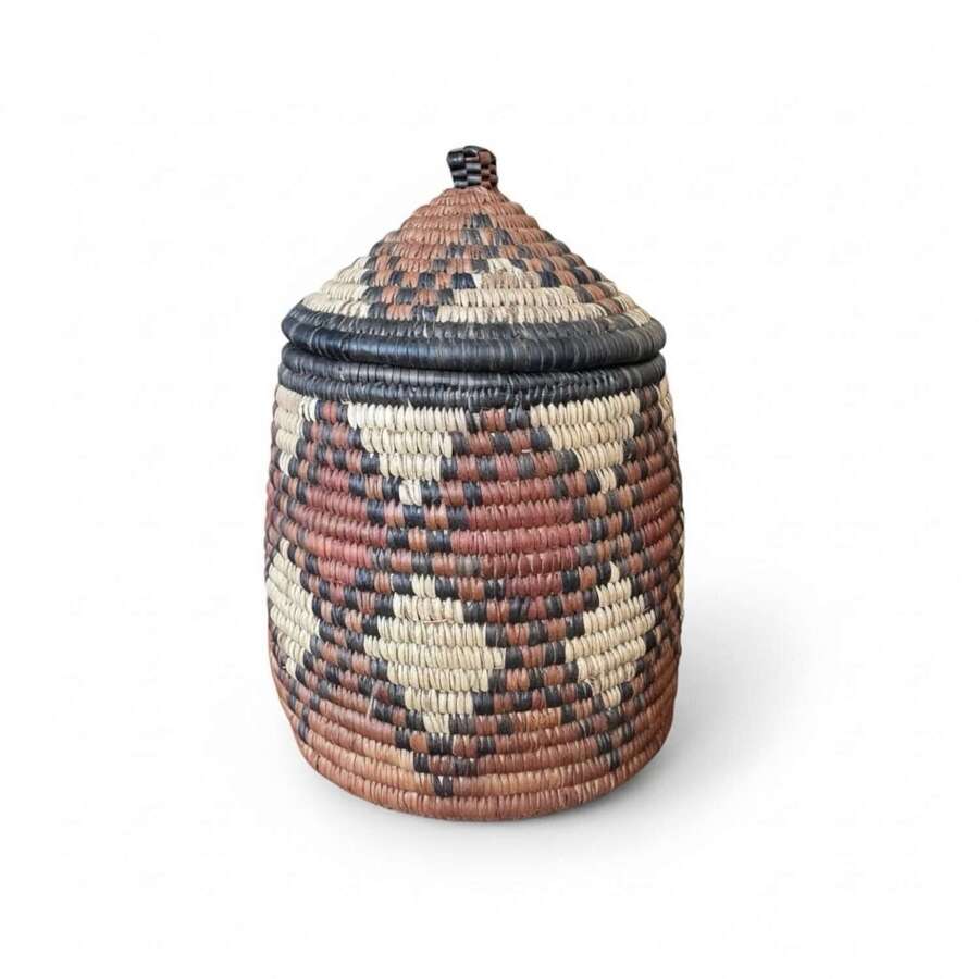 Vintage African Handwoven Lidded Basket &ndash; Geometric Tribal Design