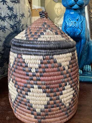 Vintage African Handwoven Lidded Basket – Geometric Tribal Design