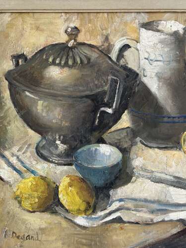 Vintage Mid Century Oil Painting Still Life Lemons Pewter Jug Framed