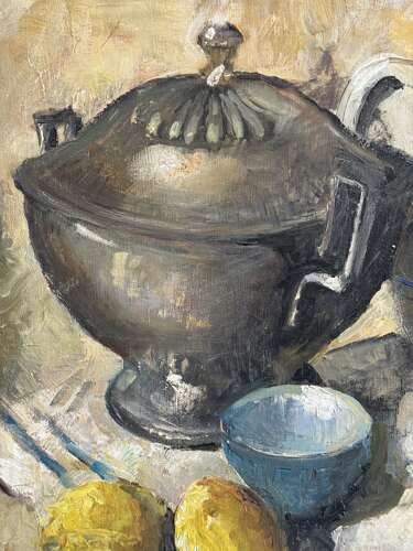 Vintage Mid Century Oil Painting Still Life Lemons Pewter Jug Framed