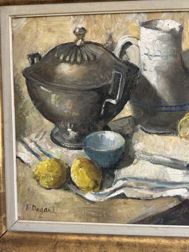 Vintage Mid Century Oil Painting Still Life Lemons Pewter Jug Framed