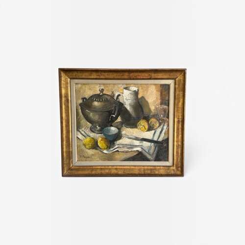 Vintage Mid Century Oil Painting Still Life Lemons Pewter Jug Framed