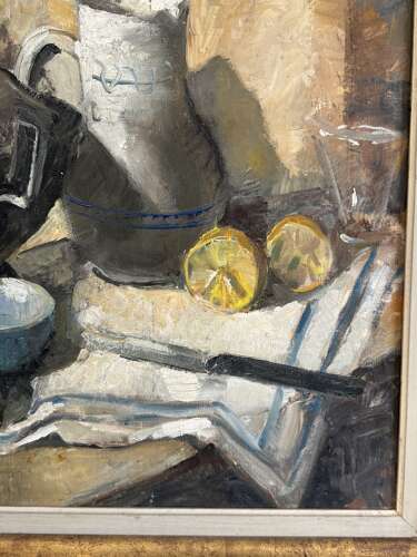 Vintage Mid Century Oil Painting Still Life Lemons Pewter Jug Framed