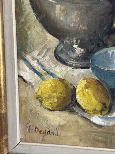 Vintage Mid Century Oil Painting Still Life Lemons Pewter Jug Framed