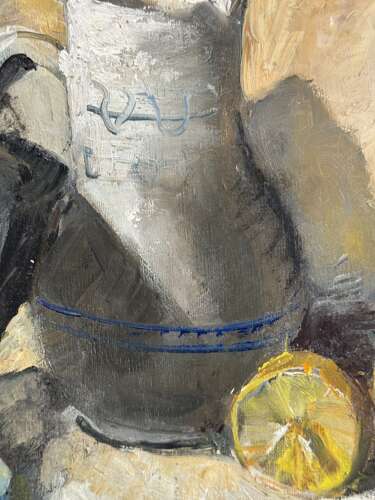 Vintage Mid Century Oil Painting Still Life Lemons Pewter Jug Framed