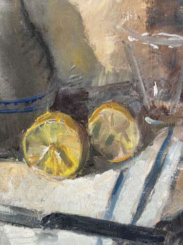Vintage Mid Century Oil Painting Still Life Lemons Pewter Jug Framed