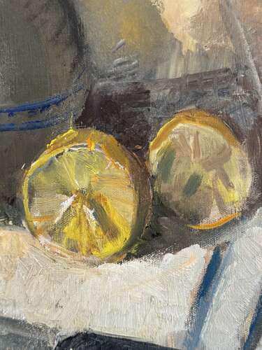 Vintage Mid Century Oil Painting Still Life Lemons Pewter Jug Framed