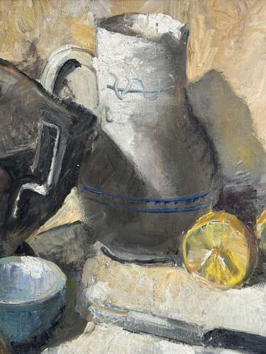 Vintage Mid Century Oil Painting Still Life Lemons Pewter Jug Framed