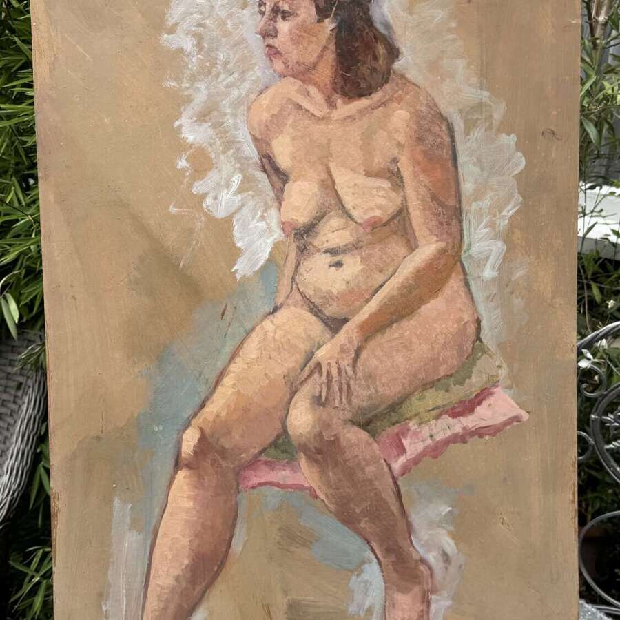 A wonderfully expressive vintage studio painting of a seated female