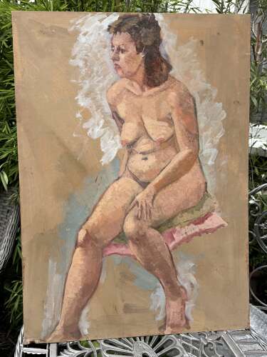 A wonderfully expressive vintage studio painting of a seated female