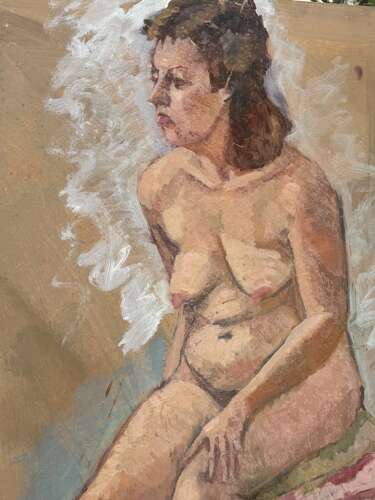 A wonderfully expressive vintage studio painting of a seated female