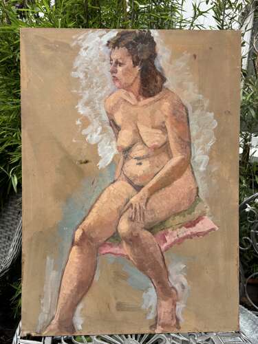 A wonderfully expressive vintage studio painting of a seated female