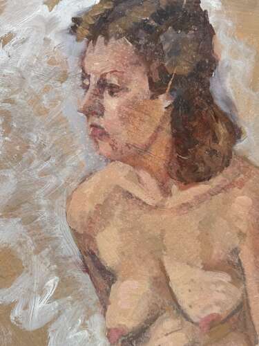 A wonderfully expressive vintage studio painting of a seated female