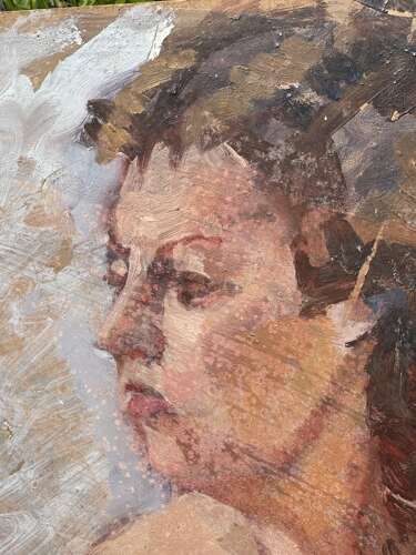 A wonderfully expressive vintage studio painting of a seated female
