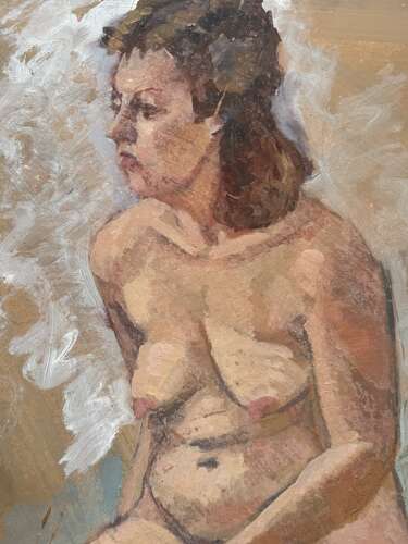A wonderfully expressive vintage studio painting of a seated female