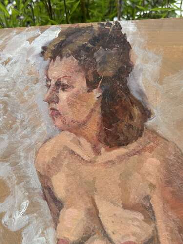A wonderfully expressive vintage studio painting of a seated female