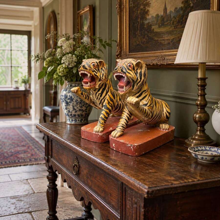 Pair Large Vintage Indian Hand-Painted Carved Wood Folk Art Tigers