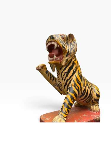 Pair Large Vintage Indian Hand-Painted Carved Wood Folk Art Tigers