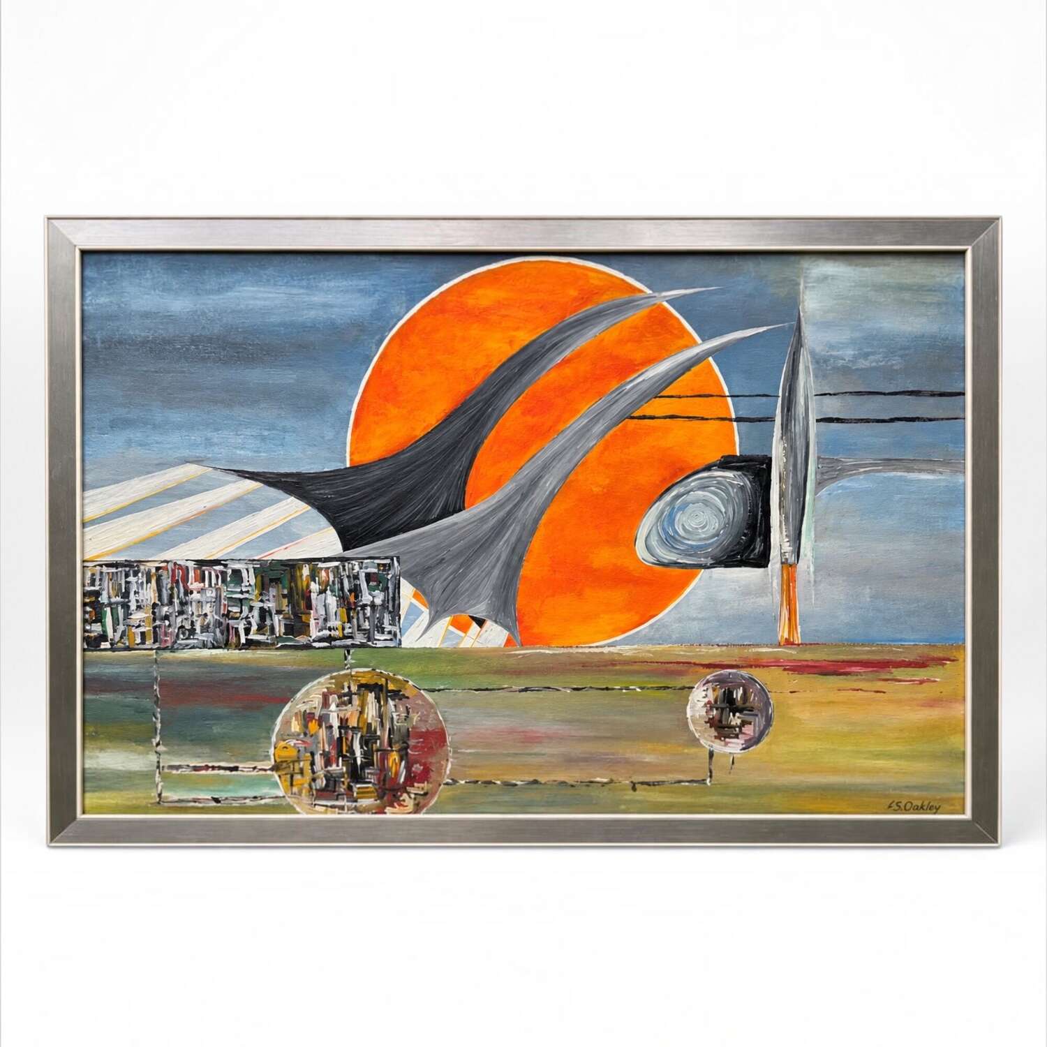 Signed S Oakley Abstract Futurist Painting Space Age Concorde 70 x60cm
