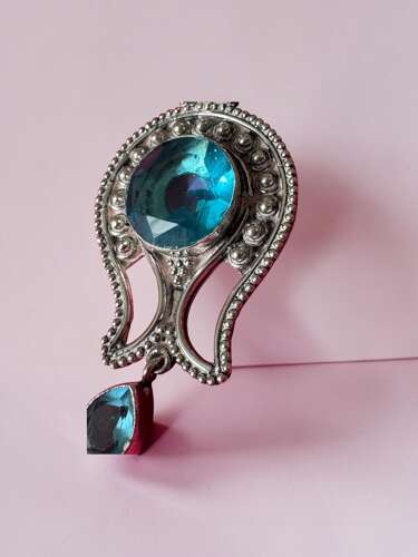 925 Sterling Silver Blue Stone Statement Pendant, Ornate Large Silver