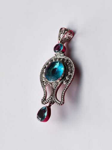925 Sterling Silver Blue Stone Statement Pendant, Ornate Large Silver